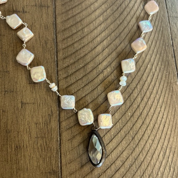 34" NECKLACE PEARL COLOR SQUARE PEARLS; STERLING SILVER CRYSTAL CHARM; NEW - Picture 1 of 9